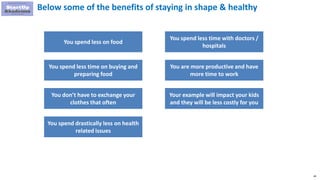 69
Below some of the benefits of staying in shape & healthy
You spend less on food
You spend less time on buying and
preparing food
You don’t have to exchange your
clothes that often
You spend drastically less on health
related issues
You spend less time with doctors /
hospitals
You are more productive and have
more time to work
Your example will impact your kids
and they will be less costly for you
 