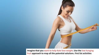 72
Imagine that you want to help Kate lose weight. Use the low hanging
fruit approach to map all the potential solutions. First list activities
 