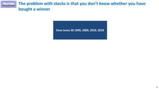 258
The problem with stocks is that you don’t know whether you have
bought a winner
Dow Jones 30 1999, 2000, 2010, 2019
 