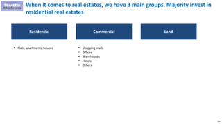 265
When it comes to real estates, we have 3 main groups. Majority invest in
residential real estates
Residential
 Flats,...