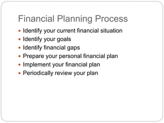 Financial Planning Process
 Identify your current financial situation
 Identify your goals
 Identify financial gaps
 Prepare your personal financial plan
 Implement your financial plan
 Periodically review your plan
 