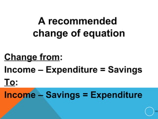 A recommended
change of equation
Change from:
Income – Expenditure = Savings
To:
Income – Savings = Expenditure
100
 