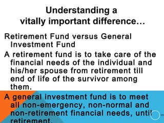 Understanding a
vitally important difference…
Retirement Fund versus General
Investment Fund
A retirement fund is to take care of the
financial needs of the individual and
his/her spouse from retirement till
end of life of the survivor among
them.
A general investment fund is to meet
all non-emergency, non-normal and
non-retirement financial needs, until 103
 