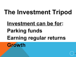 The Investment Tripod
Investment can be for:
Parking funds
Earning regular returns
Growth
123
 
