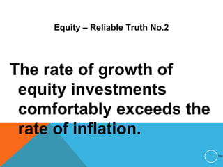 Equity – Reliable Truth No.2
The rate of growth of
equity investments
comfortably exceeds the
rate of inflation.
150
 