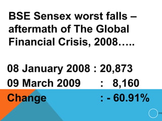 BSE Sensex worst falls –
aftermath of The Global
Financial Crisis, 2008…..
08 January 2008 : 20,873
09 March 2009 : 8,160
Change : - 60.91%
218
 