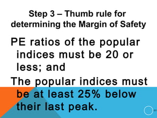 Step 3 – Thumb rule for
determining the Margin of Safety
PE ratios of the popular
indices must be 20 or
less; and
The popular indices must
be at least 25% below
their last peak. 221
 
