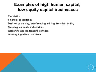 Examples of high human capital,
low equity capital businesses
Translation
Financial consultancy
Desktop publishing, proof-reading, editing, technical writing
Sourcing materials and services
Gardening and landscaping services
Growing & grafting rare plants
237
 