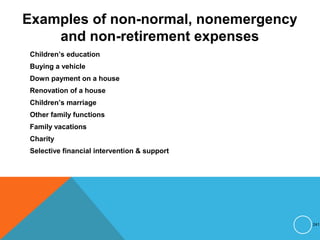 Examples of non-normal, nonemergency
and non-retirement expenses
Children’s education
Buying a vehicle
Down payment on a house
Renovation of a house
Children’s marriage
Other family functions
Family vacations
Charity
Selective financial intervention & support
241
 