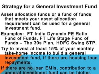 Strategy for a General Investment Fund
Asset allocation funds or a fund of funds
that meets your asset allocation
requirement can be used for a general
investment fund.
Examples: FT India Dynamic PE Ratio
Fund of Funds, FT Life Stage Fund of
Funds – The 30s Plan, HDFC Swing STP.
Try to invest at least 15% of your monthly
take-home income to build a general
investment fund, if there are housing loan
repayments.
If there are no loan EMIs, contribution to a
 
