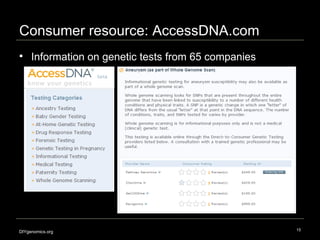 Consumer resource: AccessDNA.com DIYgenomics.org <ul><li>Information on genetic tests from 65 companies </li></ul>