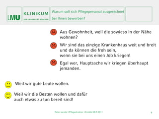 Warum soll sich Pflegepersonal ausgerechnet
                  bei Ihnen bewerben?


                        Aus Gewohnheit, weil die sowieso in der Nähe
                        wohnen?
                        Wir sind das einzige Krankenhaus weit und breit
                        und da können die froh sein,
                        wenn sie bei uns einen Job kriegen!
                        Egal wer, Hauptsache wir kriegen überhaupt
                        jemanden.


Weil wir gute Leute wollen.

Weil wir die Besten wollen und dafür
auch etwas zu tun bereit sind!

                   Peter Jacobs | Pflegedirektor I Krefeld 28.9.2011   9
 