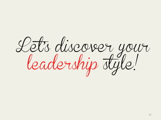 31	
  
Let’s discover your
leadership style!
 