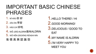 1. N? H?O  
2. Z?O ?N 簲
3. H?O CH? ó
4. W? JI?O ALDRINҽALDRIN
5. W? H?N G?OX?NG R?NSHI N?N
   d J R 
1.HELLO THERE! / HI
2.GOOD MORNING!
3.DELICIOUS / GOOD TO
EAT
4.MY NAME IS ALDRIN
5.IM VERY HAPPY TO
MEET YOU
 