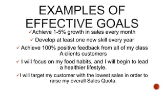 ?Achieve 1-5% growth in sales every month
? Develop at least one new skill every year
? Achieve 100% positive feedback from all of my class
A clients customers
? I will focus on my food habits, and I will begin to lead
a healthier lifestyle.
?I will target my customer with the lowest sales in order to
raise my overall Sales Quota.
 