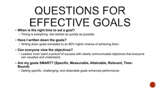 ? When is the right time to set a goal?
? Timing is everything. Get started as quickly as possible.
? Have I written down the goals?
? Writing down goals translates to an 80% higher chance of achieving them.
? Can everyone view the objectives?
? Leaders must paint a pictureof success with clearly communicated objectives that everyone
can visualize and understand.
? Are my goals SMART? (Specific, Measurable, Attainable, Relevant, Time-
Bound)
? Setting specific, challenging, and obtainable goals enhances performance.
 