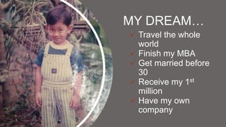MY DREAM
? Travel the whole
world
? Finish my MBA
? Get married before
30
? Receive my 1st
million
? Have my own
company
 