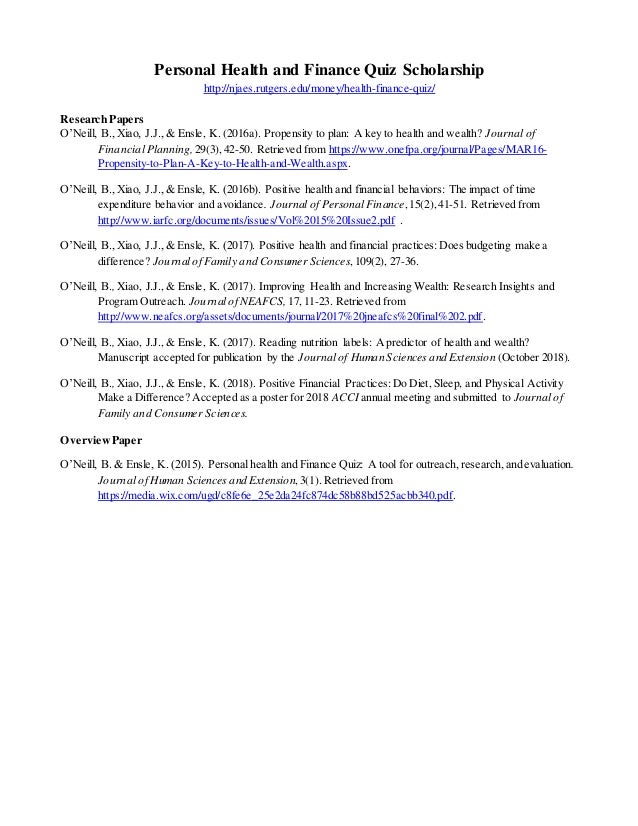Personal Health And Finance Quiz Scholarship List