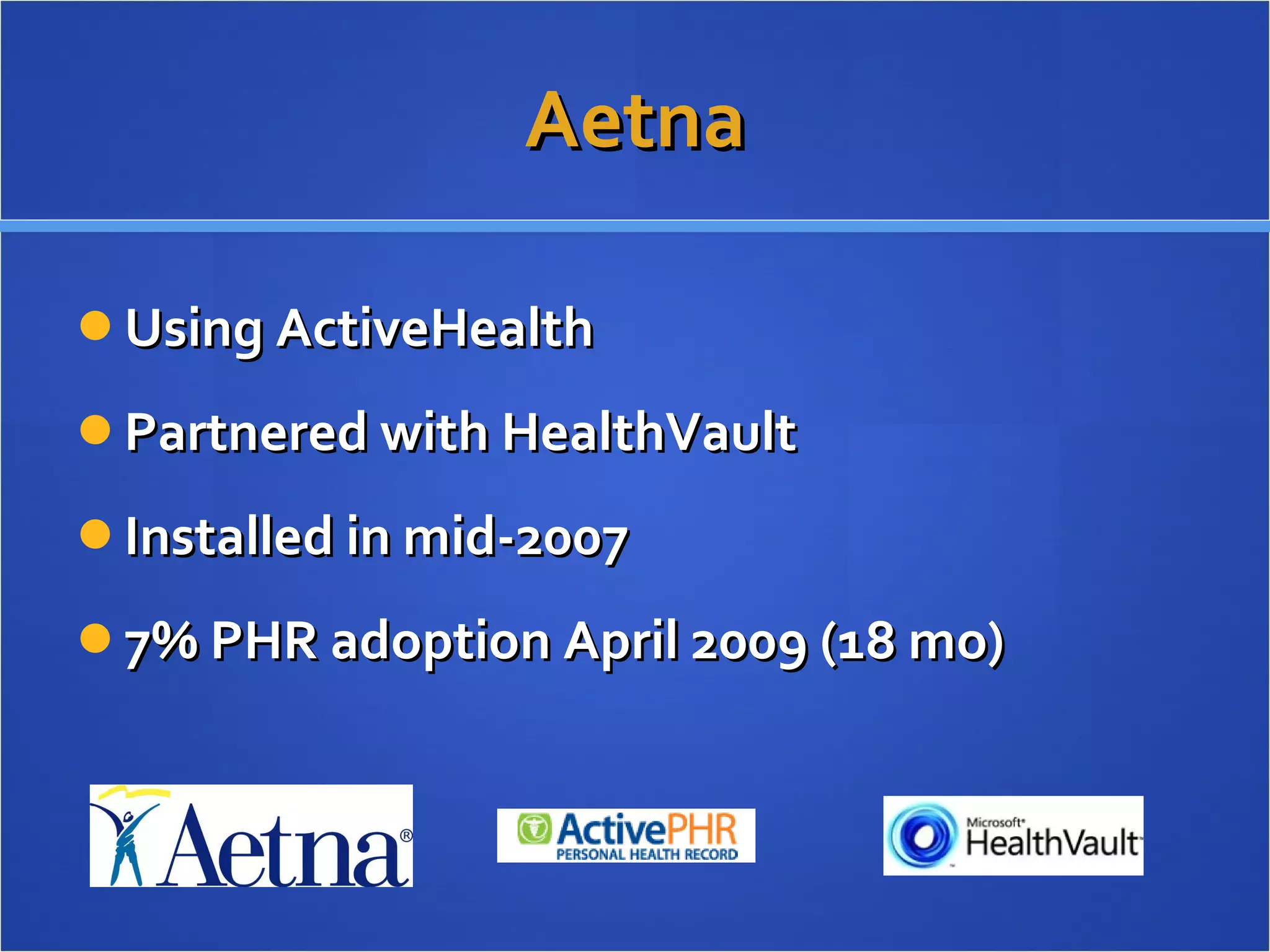 Aetna Using ActiveHealth Partnered with HealthVault Installed in mid-2007 7% PHR adoption April 2009 (18 mo) 