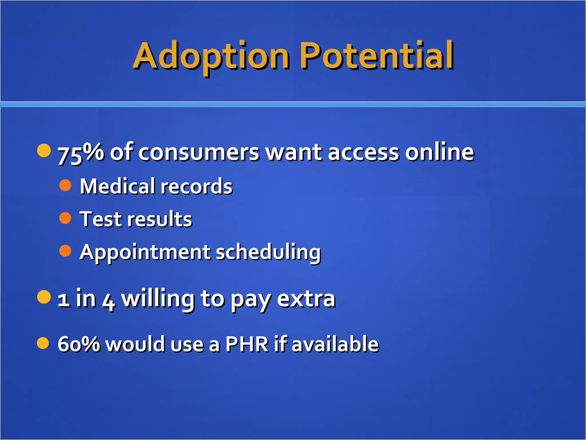 Adoption Potential 75% of consumers want access online Medical records Test results Appointment scheduling 1 in 4 willing to pay extra 60% would use a PHR if available 