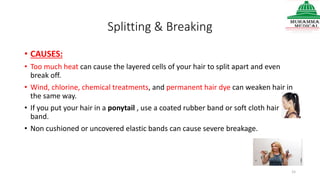 Splitting & Breaking
• CAUSES:
• Too much heat can cause the layered cells of your hair to split apart and even
break off.
• Wind, chlorine, chemical treatments, and permanent hair dye can weaken hair in
the same way.
• If you put your hair in a ponytail , use a coated rubber band or soft cloth hair
band.
• Non cushioned or uncovered elastic bands can cause severe breakage.
15
 
