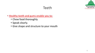 Teeth
• Healthy teeth and gums enable you to:
• Chew food thoroughly.
• Speak clearly.
• Give shape and structure to your mouth
26
 
