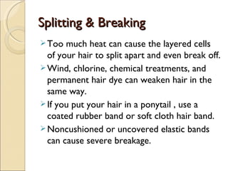 Splitting & Breaking
 Too  much heat can cause the layered cells
  of your hair to split apart and even break off.
 Wind, chlorine, chemical treatments, and
  permanent hair dye can weaken hair in the
  same way.
 If you put your hair in a ponytail , use a
  coated rubber band or soft cloth hair band.
 Noncushioned or uncovered elastic bands
  can cause severe breakage.
 