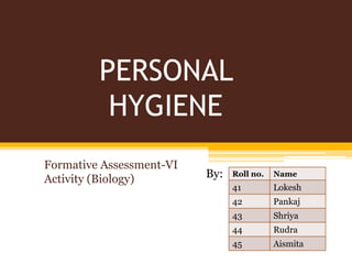 PERSONAL
HYGIENE
Formative Assessment-VI
Activity (Biology) By: Roll no. Name
41 Lokesh
42 Pankaj
43 Shriya
44 Rudra
45 Aismita
 