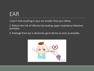 EAR
1.Don’t stick anything in your ear smaller than your elbow.
2. Reduce the risk of infection by treating upper respiratory infections
promptly.
3. Drainage from ear is abnormal, go to doctor as soon as possible.
 