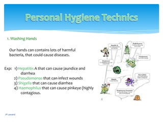 JP Lawand
1. Washing Hands
Our hands can contains lots of harmful
bacteria, that could cause diseases.
Exp: 1) Hepatitis A that can cause jaundice and
diarrhea
2) Pseudomonas that can infect wounds
3) Shigella that can cause diarrhea
4) Haemophilus that can cause pinkeye (highly
contagious.
 