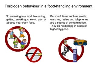 Forbidden behaviour in a food-handling environment
No sneezing into food. No eating,
spitting, smoking, chewing gum or
tob...
