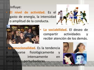      Influye:El nivel de actividad. Es el gasto de energía, la intensidad o amplitud de la conducta.La sociabilidad. El deseo de compartir actividades y  recibir atención de los demás.