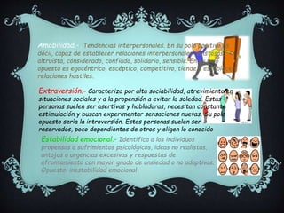 Amabilidad.- Tendencias interpersonales. En su polo positivo es
dócil, capaz de establecer relaciones interpersonales amistosas,
altruista, considerado, confiado, solidario, sensible. En su polo
opuesto es egocéntrico, escéptico, competitivo, tiende a establecer
relaciones hostiles.
Extraversión.- Caracteriza por alta sociabilidad, atrevimiento en
situaciones sociales y a la propensión a evitar la soledad. Estas
personas suelen ser asertivas y habladoras, necesitan constante
estimulación y buscan experimentar sensaciones nuevas. Su polo
opuesto sería la introversión. Estas personas suelen ser
reservados, poco dependientes de otros y eligen lo conocido
Estabilidad emocional.- Identifica a los individuos
propensos a sufrimientos psicológicos, ideas no realistas,
antojos o urgencias excesivas y respuestas de
afrontamiento con mayor grado de ansiedad o no adaptivas.
Opuesto: inestabilidad emocional
 