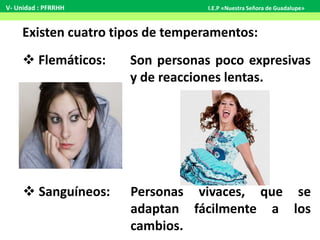Existen cuatro tipos de temperamentos:
 Flemáticos:
 Sanguíneos:
Son personas poco expresivas
y de reacciones lentas.
Personas vivaces, que se
adaptan fácilmente a los
cambios.
V- Unidad : PFRRHH I.E.P «Nuestra Señora de Guadalupe»
 