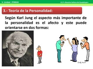 3.- Teoría de la Personalidad:
Según Karl Jung el aspecto más importante de
la personalidad es el afecto y este puede
orientarse en dos formas:
V- Unidad : PFRRHH I.E.P «Nuestra Señora de Guadalupe»
 