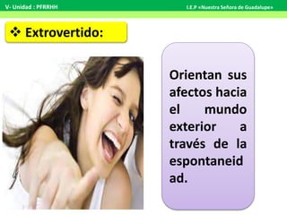  Extrovertido:
Orientan sus
afectos hacia
el mundo
exterior a
través de la
espontaneid
ad.
V- Unidad : PFRRHH I.E.P «Nuestra Señora de Guadalupe»
 