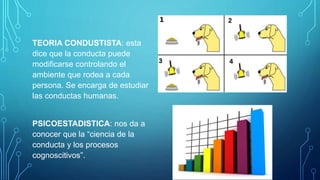 TEORIA CONDUSTISTA: esta
dice que la conducta puede
modificarse controlando el
ambiente que rodea a cada
persona. Se encarga de estudiar
las conductas humanas.
PSICOESTADISTICA: nos da a
conocer que la “ciencia de la
conducta y los procesos
cognoscitivos”.
 