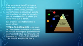 Para terminar se estudió el caso de
Rebeca en donde narra su vida y su
carácter con su familia, novios y
compañeros de la escuela ya que ella
sufria rechazo por parte de su madre
porque ella la echaba de menos y le
decía cosas que la herían.
Las 8 teorías que hablan sobre la
personalidad:
TEORIA PSICODINÁMICA: esta teoría
se basa que la conducta es el resultado
de fuerzas psicológicas que interactúan
dentro del individuo, su estructura está
integrada por: EL ELLO, EL YO (EGO)
Y EL SUPER YO (SUPER EGO).
 
