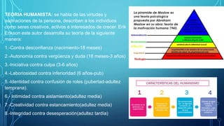 TEORIA HUMANISTA: se habla de las virtudes y
aspiraciones de la persona, describen a los individuos
como seres creativos, activos e interesados de crecer. Erik
Erikson este autor desarrolla su teoría de la siguiente
manera:
1.-Contra desconfianza (nacimiento-18 meses)
2.-Autonomía contra vergüenza y duda (18 meses-3 años)
3.-Iniciativa contra culpa (3-6 años)
4.-Laboriosidad contra inferioridad (6 años-pub)
5.-Identidad contra confusión de roles (pubertad-adultez
temprana).
6.- Intimidad contra aislamiento(adultez media)
7.-Creatividad contra estancamiento(adultez media)
8.-Integridad contra desesperación(adultez tardía)
 