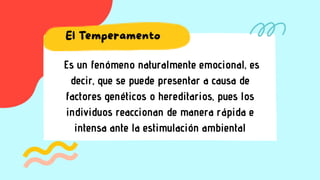 Es un fenómeno naturalmente emocional, es
decir, que se puede presentar a causa de
factores genéticos o hereditarios, pues los
individuos reaccionan de manera rápida e
intensa ante la estimulación ambiental
 