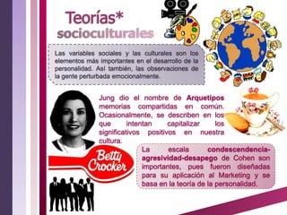 Las variables sociales y las culturales son los
elementos más importantes en el desarrollo de la
personalidad. Así también, las observaciones de
la gente perturbada emocionalmente.


              Jung dio el nombre de Arquetipos
              memorias compartidas en común.
              Ocasionalmente, se describen en los
              que       intentan    capitalizar      los
              significativos positivos en nuestra
              cultura.
                             La      escala       condescendencia-
                             agresividad-desapego de Cohen son
                             importantes, pues fueron diseñadas
                             para su aplicación al Marketing y se
                             basa en la teoría de la personalidad.
 
