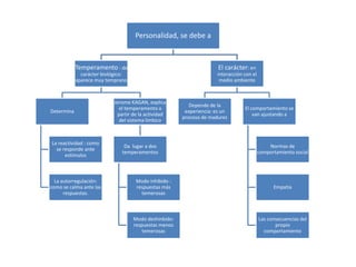 Personalidad, se debe a
Temperamento : de
carácter biológico:
aparece muy temprano
Determina
La reactividad : como
se responde ante
estímulos
La autorregulación:
como se calma ante las
respuestas.
Jerome KAGAN, explica
el temperamento a
partir de la actividad
del sistema límbico
Da lugar a dos
temperamentos
Modo inhibido :
respuestas más
temerosas
Modo deshinbido:
respuestas menos
temerosas
El carácter: en
interacción con el
medio ambiente
Depende de la
experiencia: es un
proceso de madurez
El comportamiento se
van ajustando a
Normas de
comportamiento social
Empatía
Las consecuencias del
propio
comportamiento
 