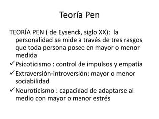Teoría Pen
TEORÍA PEN ( de Eysenck, siglo XX): la
personalidad se mide a través de tres rasgos
que toda persona posee en mayor o menor
medida
Psicoticismo : control de impulsos y empatía
Extraversión-introversión: mayor o menor
sociabilidad
Neuroticismo : capacidad de adaptarse al
medio con mayor o menor estrés
 