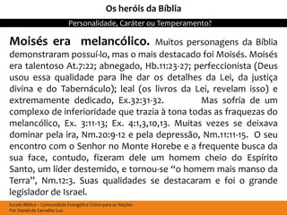 Os heróis da Bíblia
                            Personalidade, Caráter ou Temperamento?

Moisés era melancólico.               Muitos personagens da Bíblia
demonstraram possuí-lo, mas o mais destacado foi Moisés. Moisés
era talentoso At.7:22; abnegado, Hb.11:23-27; perfeccionista (Deus
usou essa qualidade para lhe dar os detalhes da Lei, da justiça
divina e do Tabernáculo); leal (os livros da Lei, revelam isso) e
extremamente dedicado, Ex.32:31-32.              Mas sofria de um
complexo de inferioridade que trazia à tona todas as fraquezas do
melancólico, Ex. 3:11-13; Ex. 4:1,3,10,13. Muitas vezes se deixava
dominar pela ira, Nm.20:9-12 e pela depressão, Nm.11:11-15. O seu
encontro com o Senhor no Monte Horebe e a frequente busca da
sua face, contudo, fizeram dele um homem cheio do Espírito
Santo, um líder destemido, e tornou-se “o homem mais manso da
Terra”, Nm.12:3. Suas qualidades se destacaram e foi o grande
legislador de Israel.
Escola Bíblica – Comunidade Evangélica Cristo para as Nações
Por Daniel de Carvalho Luz
 