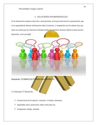 19
Personalidad e imagen corporal
4. RELACIONES INTERPERSONALES:
Es la interacción reciproca entre dos o más personas, en la que interviene la comunicación, que
es la capacidad de obtener información sobre el entorno y compartirla con los demás; hay que
tener en cuenta que las relaciones interpersonales nos permiten alcanzar objetivos para nuestro
desarrollo en la sociedad.
Ilustración 12 WWW.CULTURAELSALVADOR.CO
4.1 Elementos Y Desarrollo:
 Conservación de la especie, vestuario, vivienda y descanso.
 Seguridad, amor, protección, orden, trato justo etc.
 Aceptación, trabajo, amistad.
 