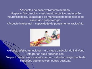 Aspectos do desenvolvimento humano.
   Aspecto físico-motor- crescimento orgânico, maturação
 neurofisiológica, capacidade de manipulação de objetos e de
                    exercitar o próprio corpo;
 Aspecto intelectual – capacidade de pensamento, raciocínio.




 Aspecto afetivo-emocional – é o modo particular do indivíduo
                 integrar as suas experiências.
Aspecto social – é a maneira como o indivíduo reage diante de
           situações que envolvem outras pessoas.
 