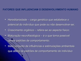 FATORES QUE INFLUENCIAM O DESENVOLVIMENTO HUMANO


    Hereditariedade – carga genética que estabelece o
     potencial do indivíduo que pode ou não desenvolver-se;
    Crescimento orgânico – refere-se ao aspecto físico;
    Maturação neurofisiológica – é o que torna possível
     certos padrões de comportamento;
    Meio conjunto de influências e estimulações ambientais
     que altera os padrões de comportamento do indivíduo
 