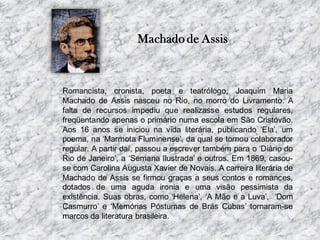 Machado de Assis

Romancista, cronista, poeta e teatrólogo, Joaquim Maria
Machado de Assis nasceu no Rio, no morro do Livramento. A
falta de recursos impediu que realizasse estudos regulares,
freqüentando apenas o primário numa escola em São Cristóvão.
Aos 16 anos se iniciou na vida literária, publicando ‘Ela’, um
poema, na ‘Marmota Fluminense’, da qual se tornou colaborador
regular. A partir daí, passou a escrever também para o ‘Diário do
Rio de Janeiro’, a ‘Semana Ilustrada’ e outros. Em 1869, casouse com Carolina Augusta Xavier de Novais. A carreira literária de
Machado de Assis se firmou graças a seus contos e romances,
dotados de uma aguda ironia e uma visão pessimista da
existência. Suas obras, como ‘Helena’, ‘A Mão e a Luva’, ‘Dom
Casmurro’ e ‘Memórias Póstumas de Brás Cubas’ tornaram-se
marcos da literatura brasileira.

 