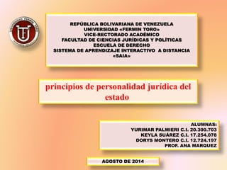 REPÚBLICA BOLIVARIANA DE VENEZUELA 
UNIVERSIDAD «FERMIN TORO» 
VICE-RECTORADO ACADÉMICO 
FACULTAD DE CIENCIAS JURÍDICAS Y POLÍTICAS 
ESCUELA DE DERECHO 
SISTEMA DE APRENDIZAJE INTERACTIVO A DISTANCIA 
«SAIA» 
principios de personalidad jurídica del 
AGOSTO DE 2014 
ALUMNAS: 
YURIMAR PALMIERI C.I. 20.300.703 
KEYLA SUÁREZ C.I. 17.254.078 
DORYS MONTERO C.I. 12.724.197 
PROF. ANA MARQUEZ 
estado 
 