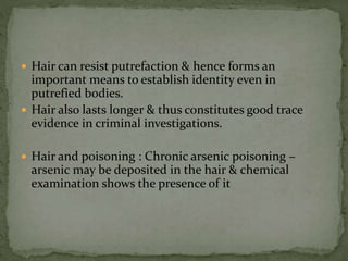 Hair can resist putrefaction & hence forms an
important means to establish identity even in
putrefied bodies.
 Hair also lasts longer & thus constitutes good trace
evidence in criminal investigations.
 Hair and poisoning : Chronic arsenic poisoning –
arsenic may be deposited in the hair & chemical
examination shows the presence of it
 
